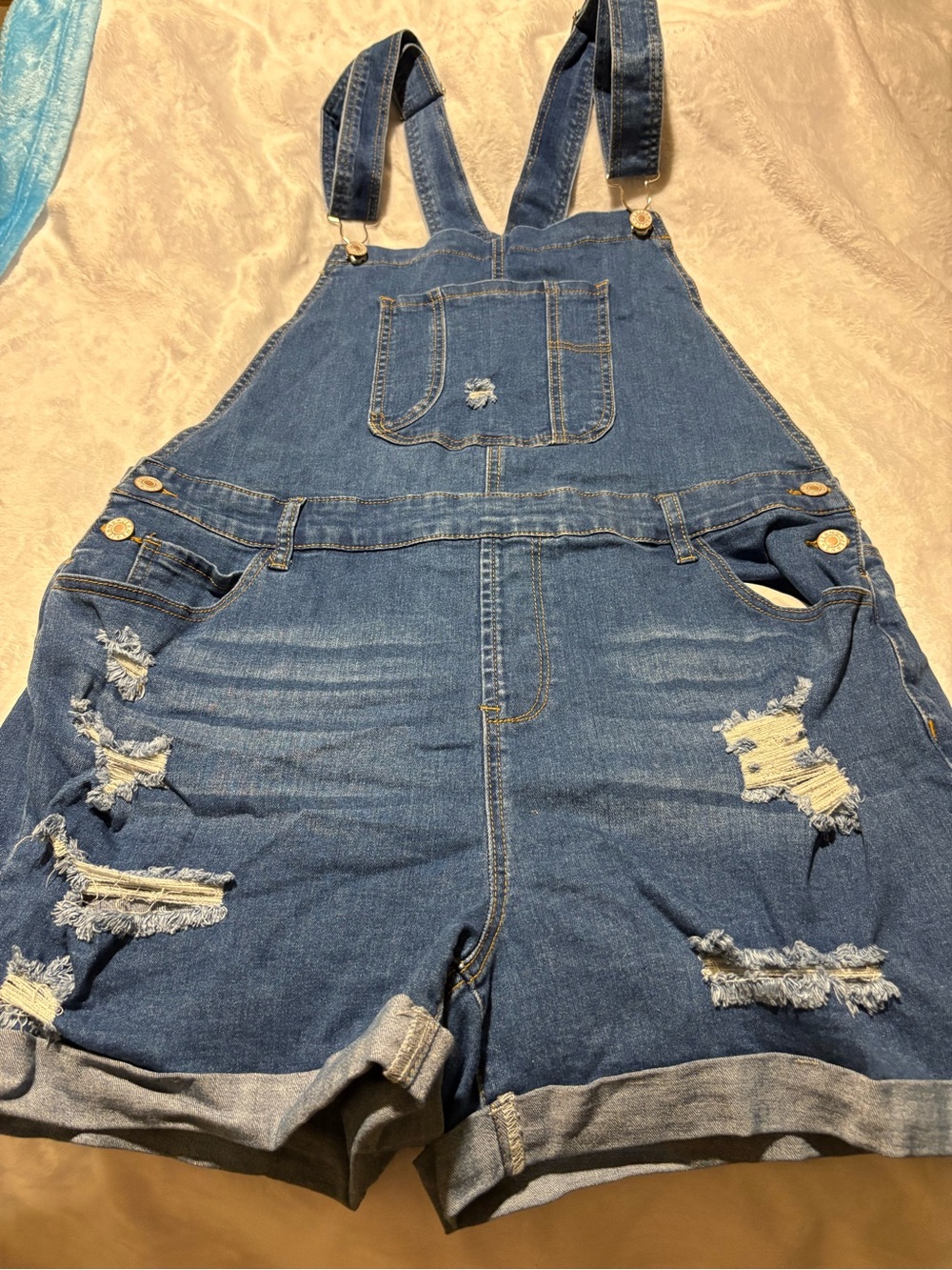 Denim Distressed Short Overalls - Blue -Size XL